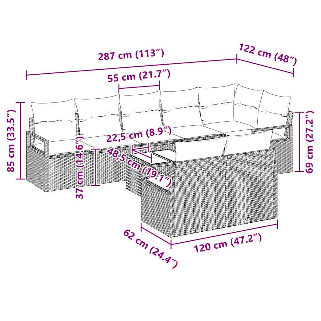 Set Divano da Giardino 9 pcs Grigio chiaro Poly Rattan