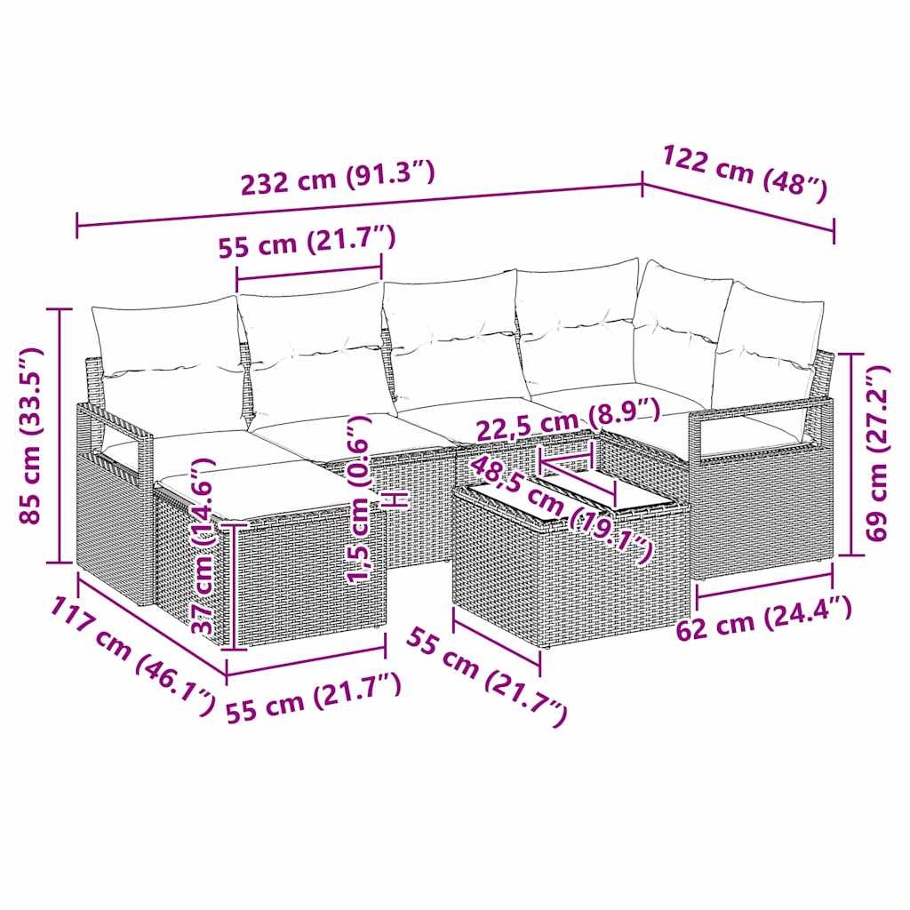 Set Divano da Giardino 7 pcs Nero Poly Rattan