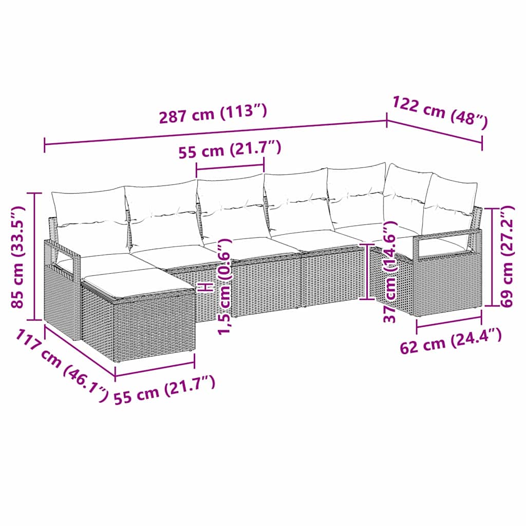 Set Divano da Giardino 7 pcs Beige Poly Rattan