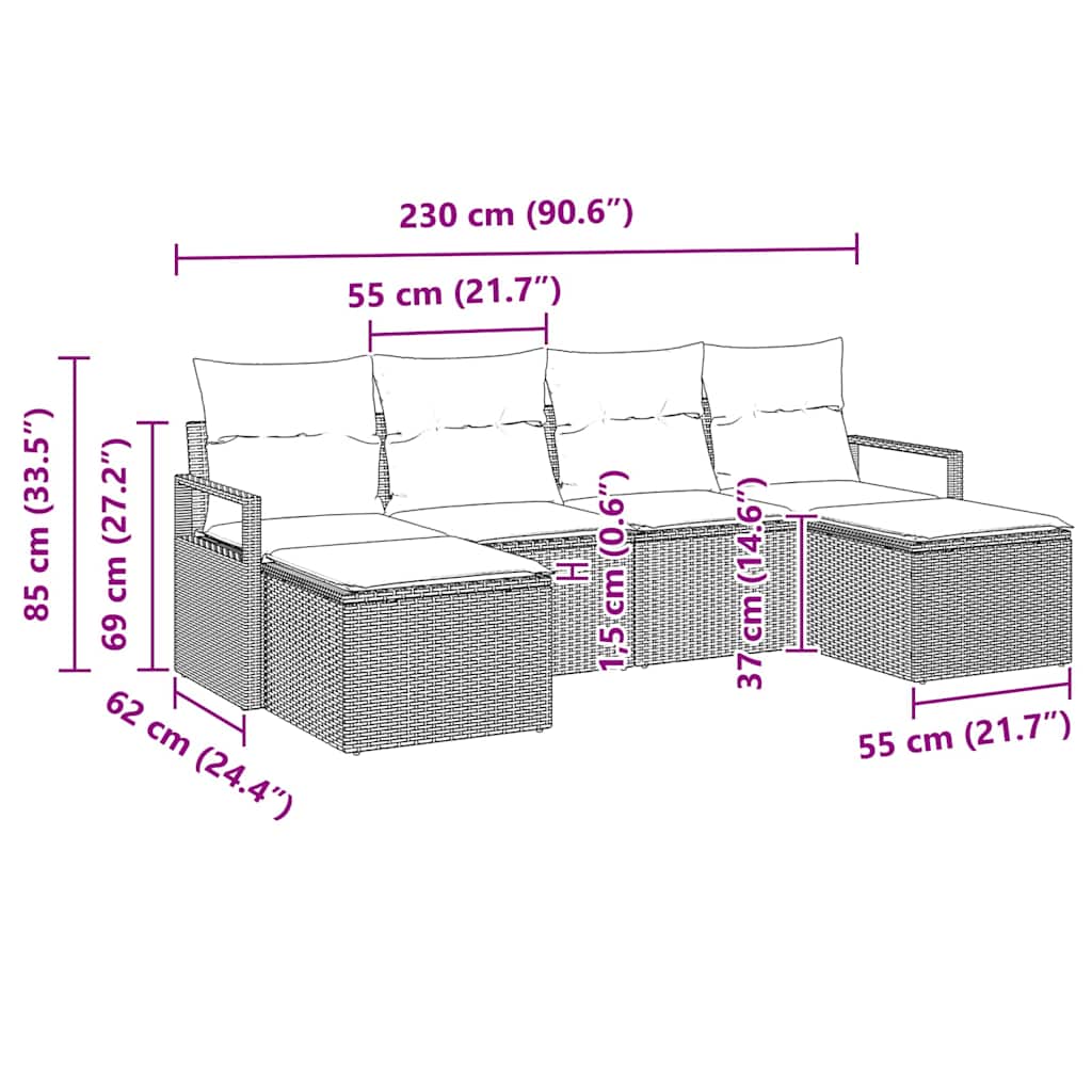 Set Divano da Giardino 6 pcs Nero Poly Rattan