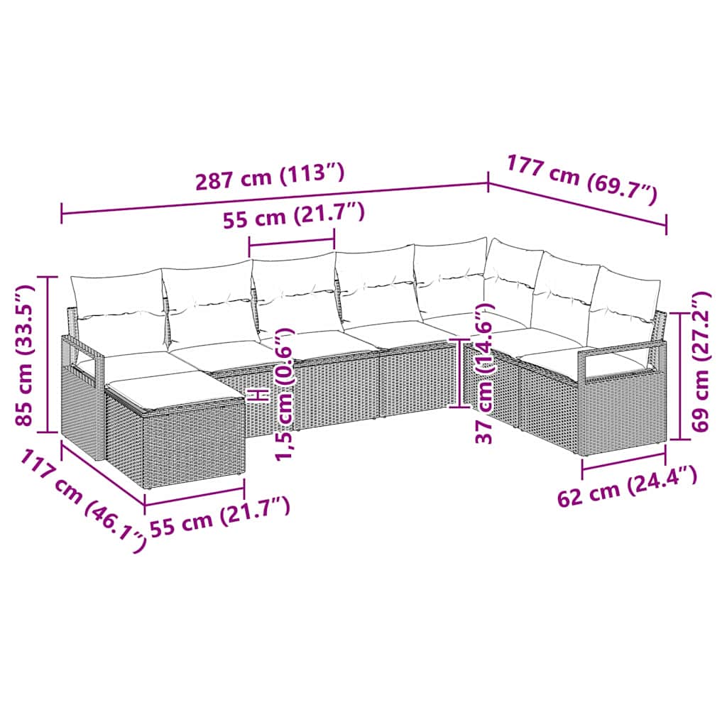 Set Divano da Giardino 8 pcs Beige Poly Rattan