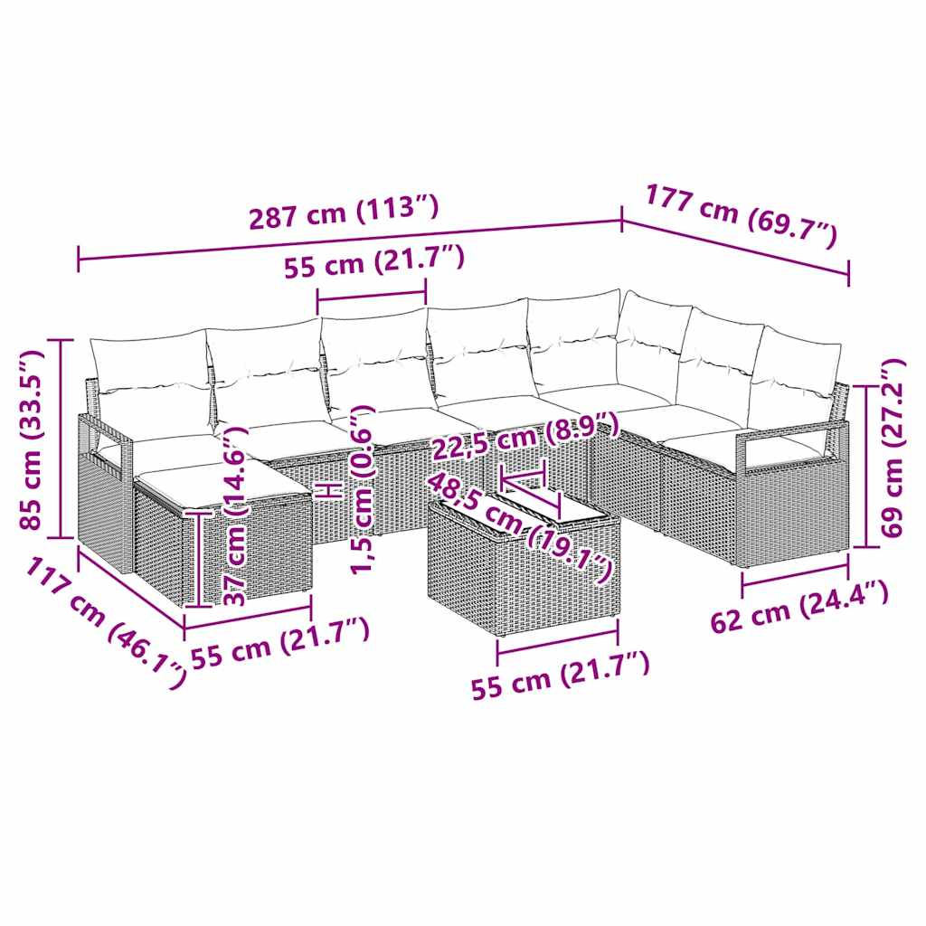 Set Divano da Giardino 9 pcs Marrone Poly Rattan