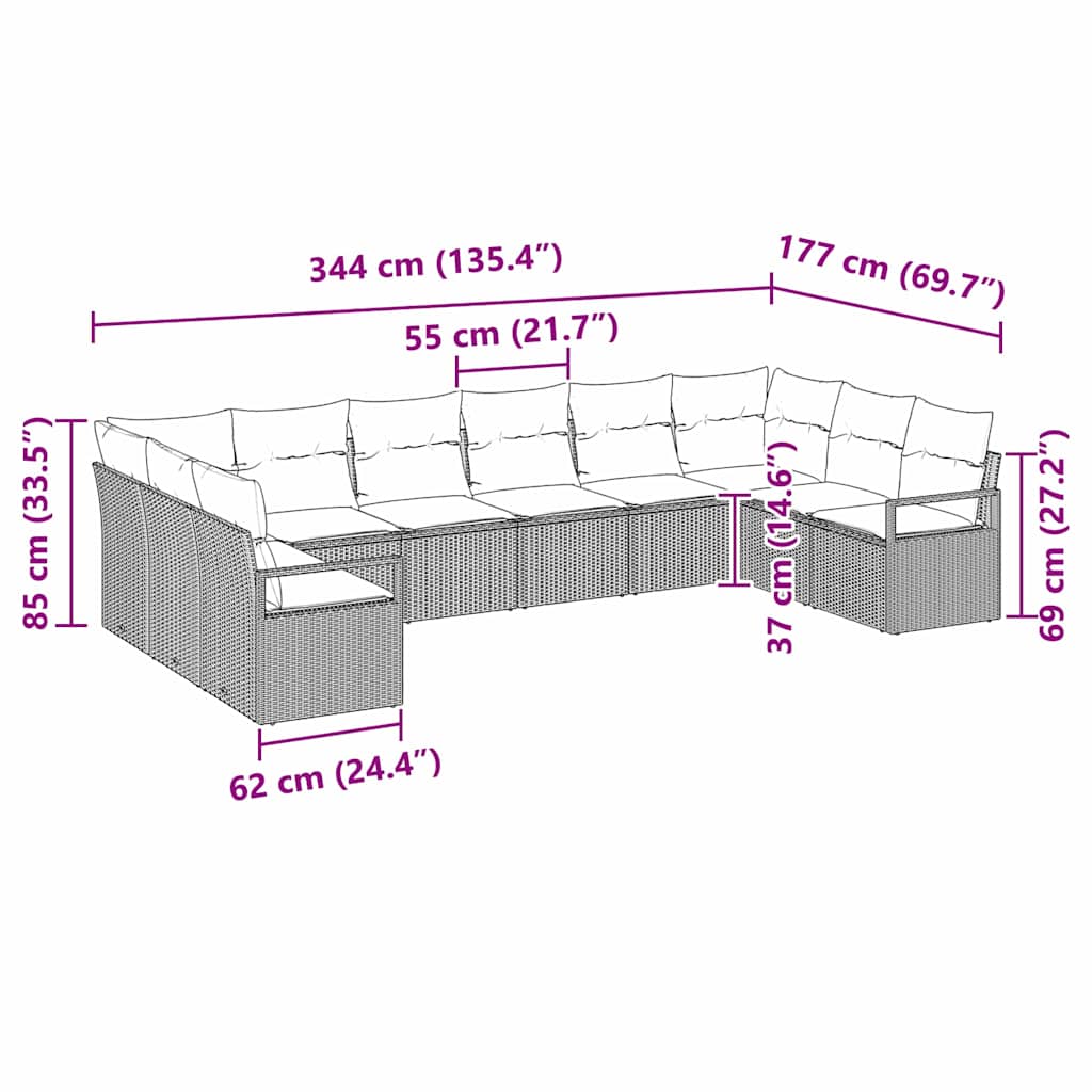 Set Divano da Giardino 10 pcs Nero Poly Rattan