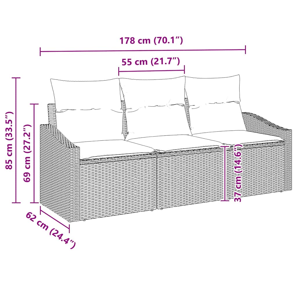 Set Divano da Giardino 3 pcs Grigio Poly Rattan