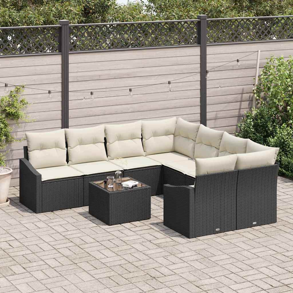 Set Divano da Giardino 9 pcs Nero e Crema 55 x 55 x 37 cm