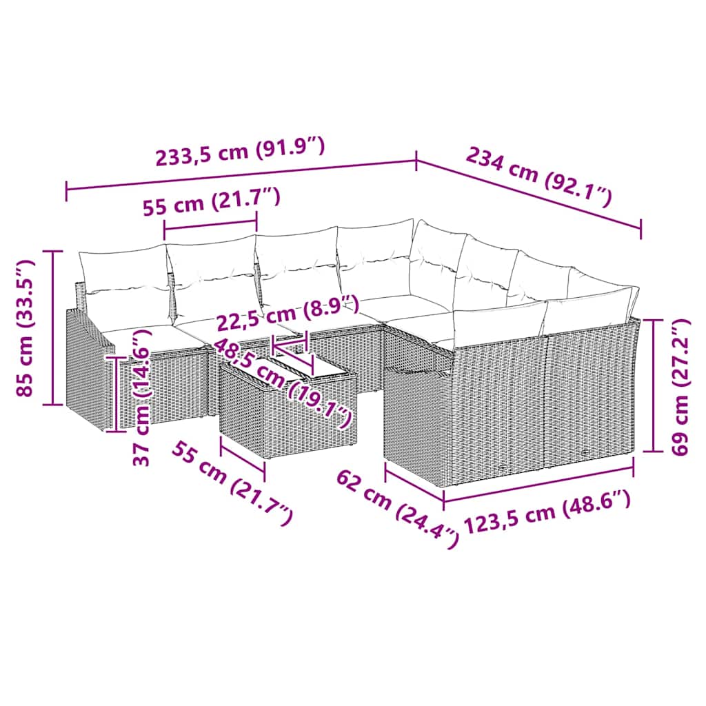 Set Divano da Giardino 9 pcs Nero e Crema 55 x 55 x 37 cm