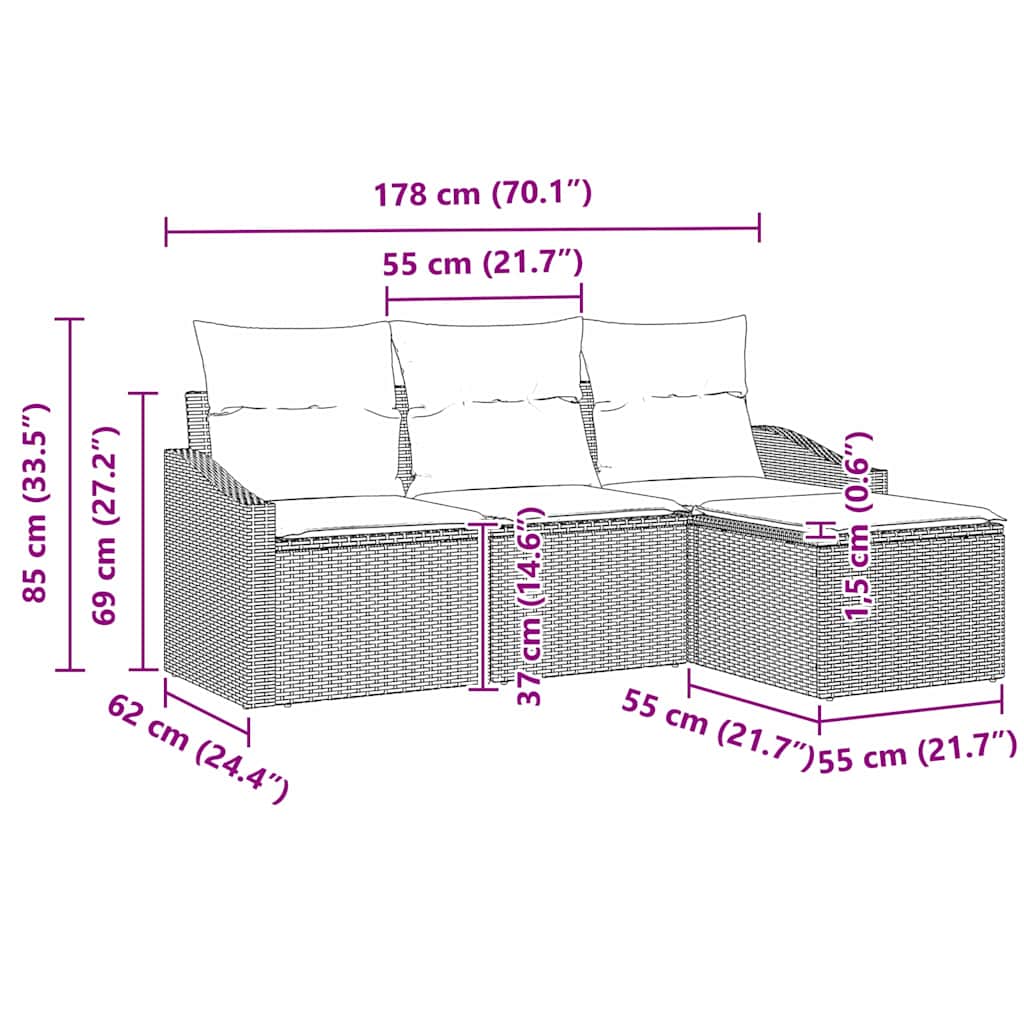 Set Divano da Giardino 4 pcs Nero Poly Rattan