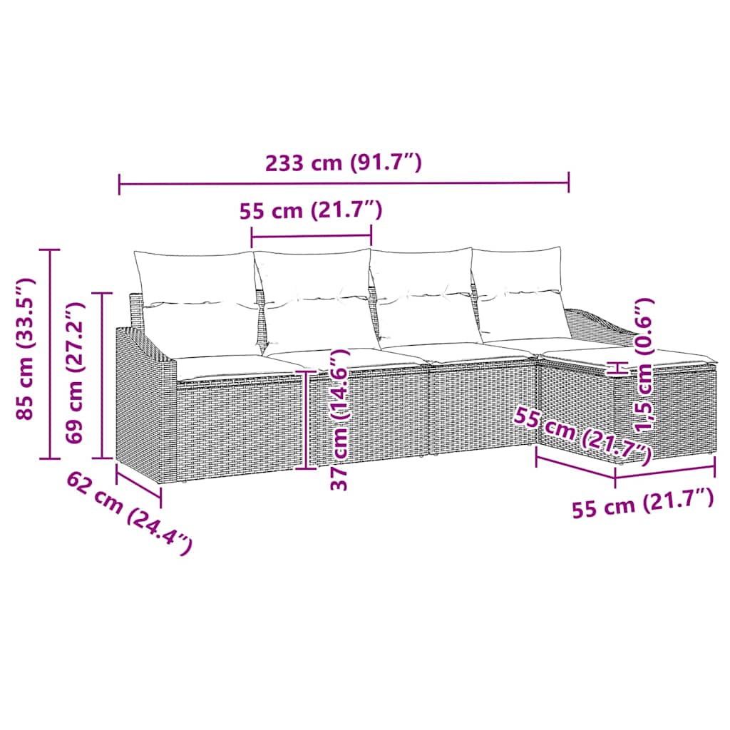 Set Divano da Giardino 5 pcs Nero Poly Rattan