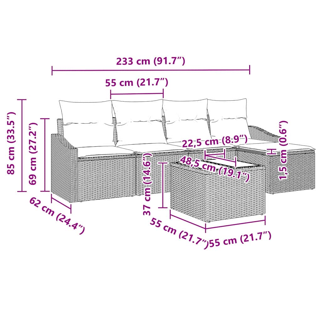 Set Divano da Giardino 6 pcs Nero Poly Rattan