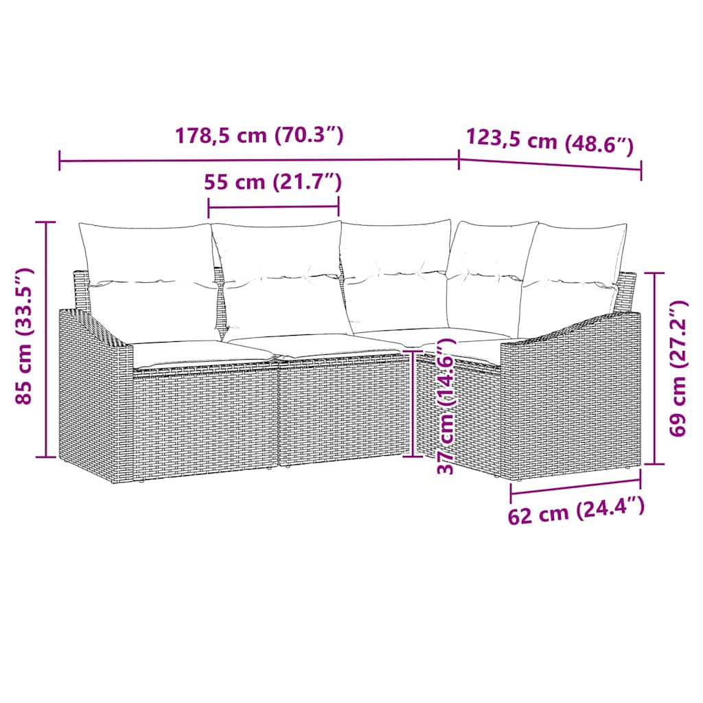 Set Divano da Giardino 4 pcs Beige Poly Rattan