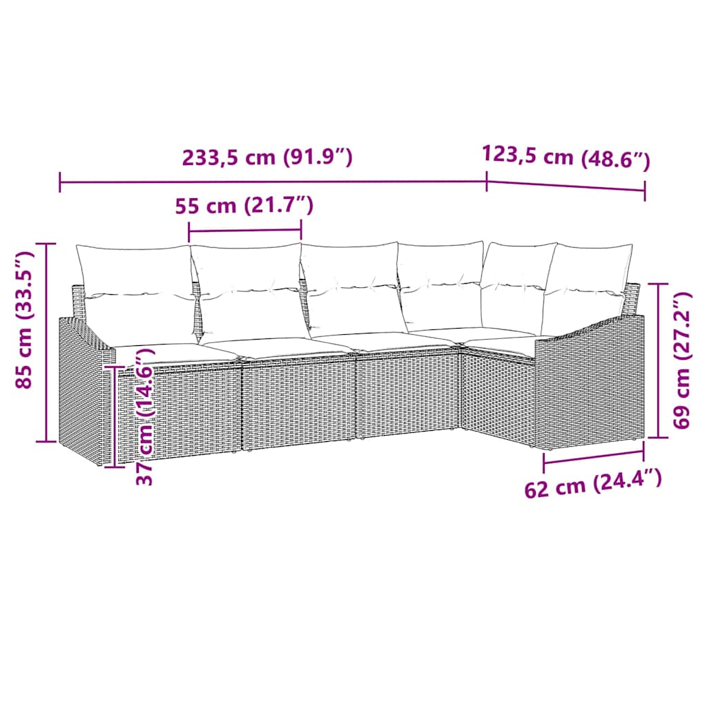 Set Divano da Giardino 5 pcs Grigio Poly Rattan