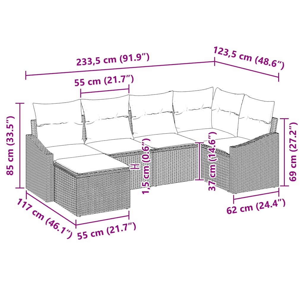 Set Divano da Giardino 6 pcs Nero Poly Rattan