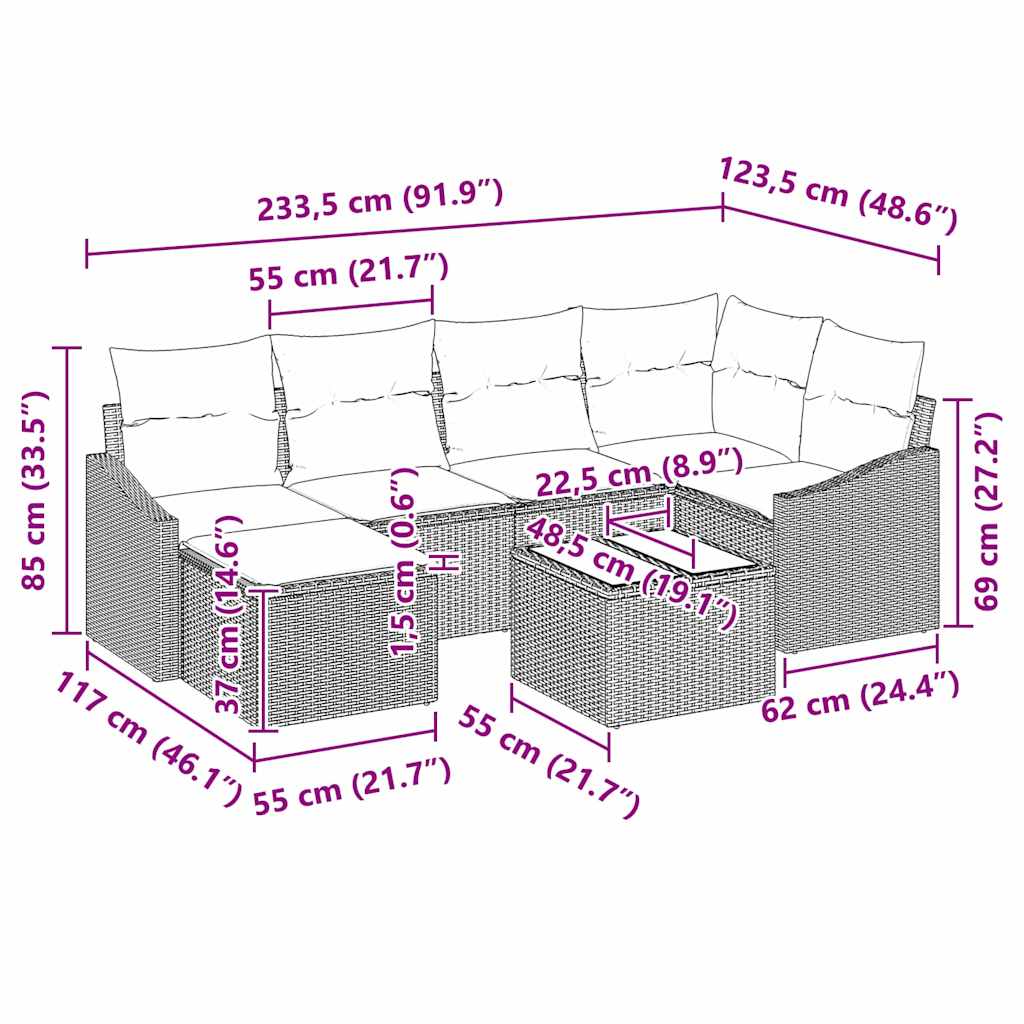 Set Divano da Giardino 7 pcs Nero Poly Rattan