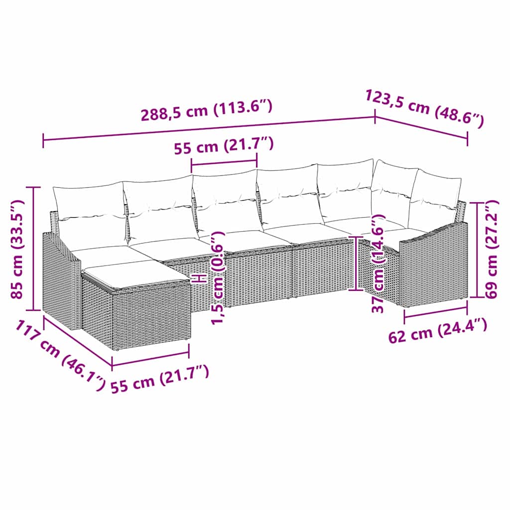 Set Divano da Giardino 7 pcs Grigio Poly Rattan