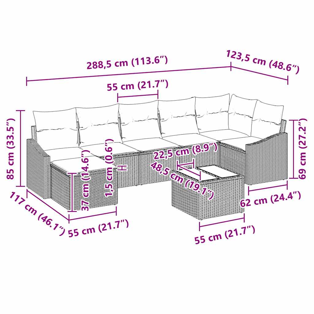 Set Divano da Giardino 8 pcs Nero Poly Rattan