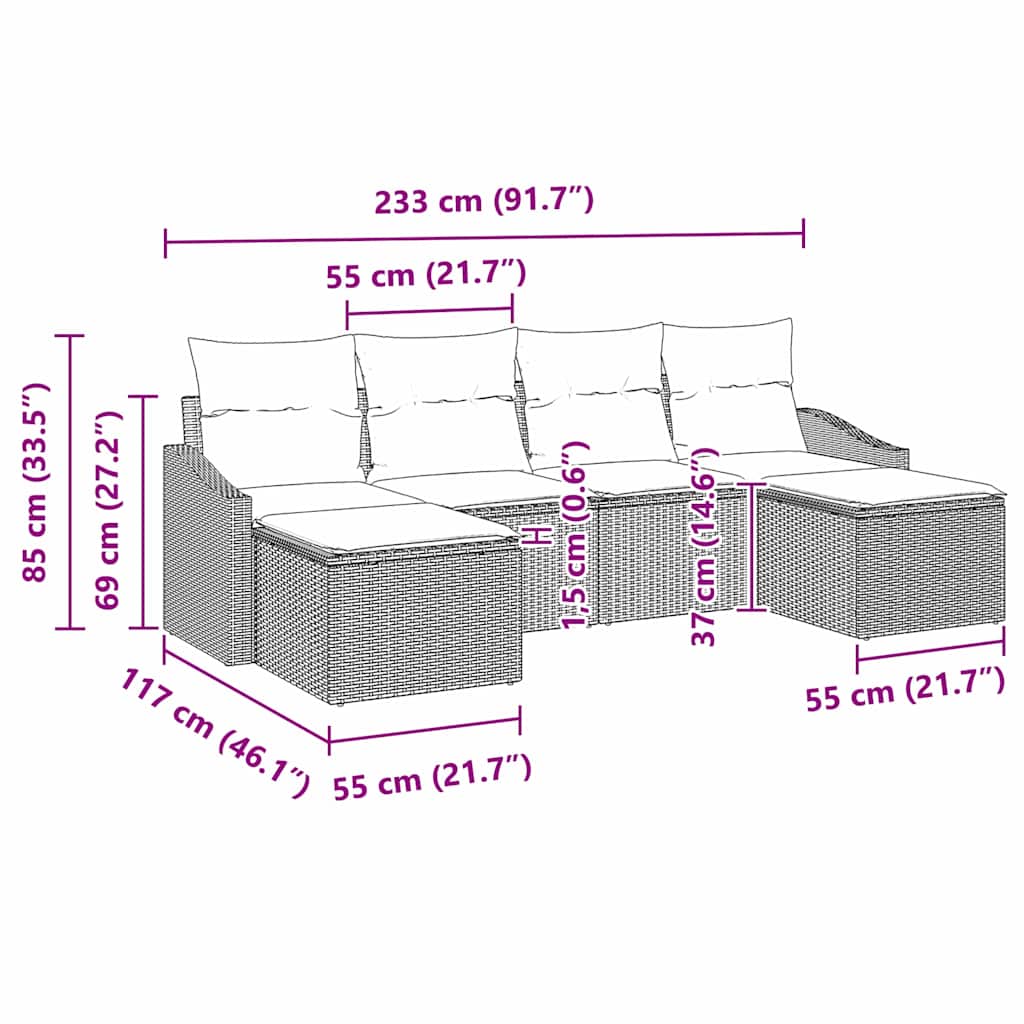 Set Divano da Giardino 6 pcs Grigio Poly Rattan