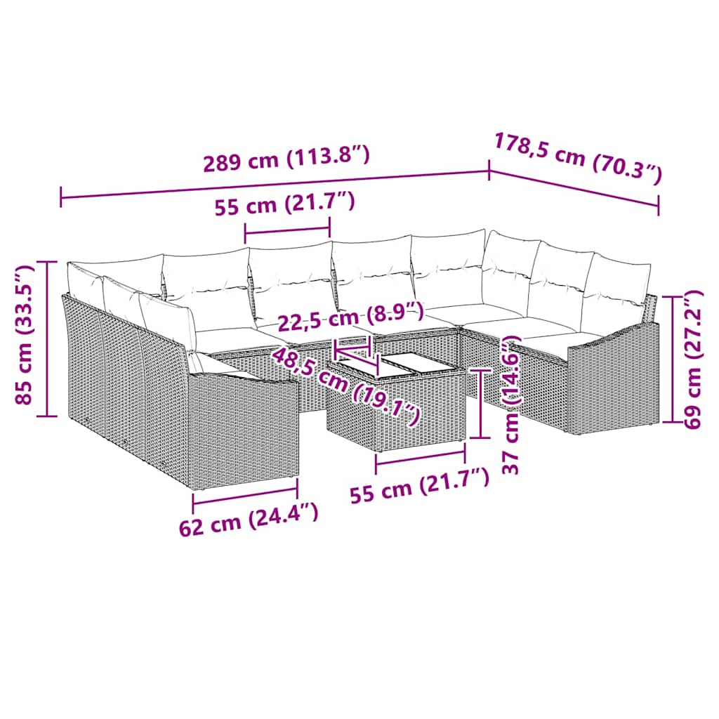 Set Divano da Giardino 10 pcs Marrone Poly Rattan