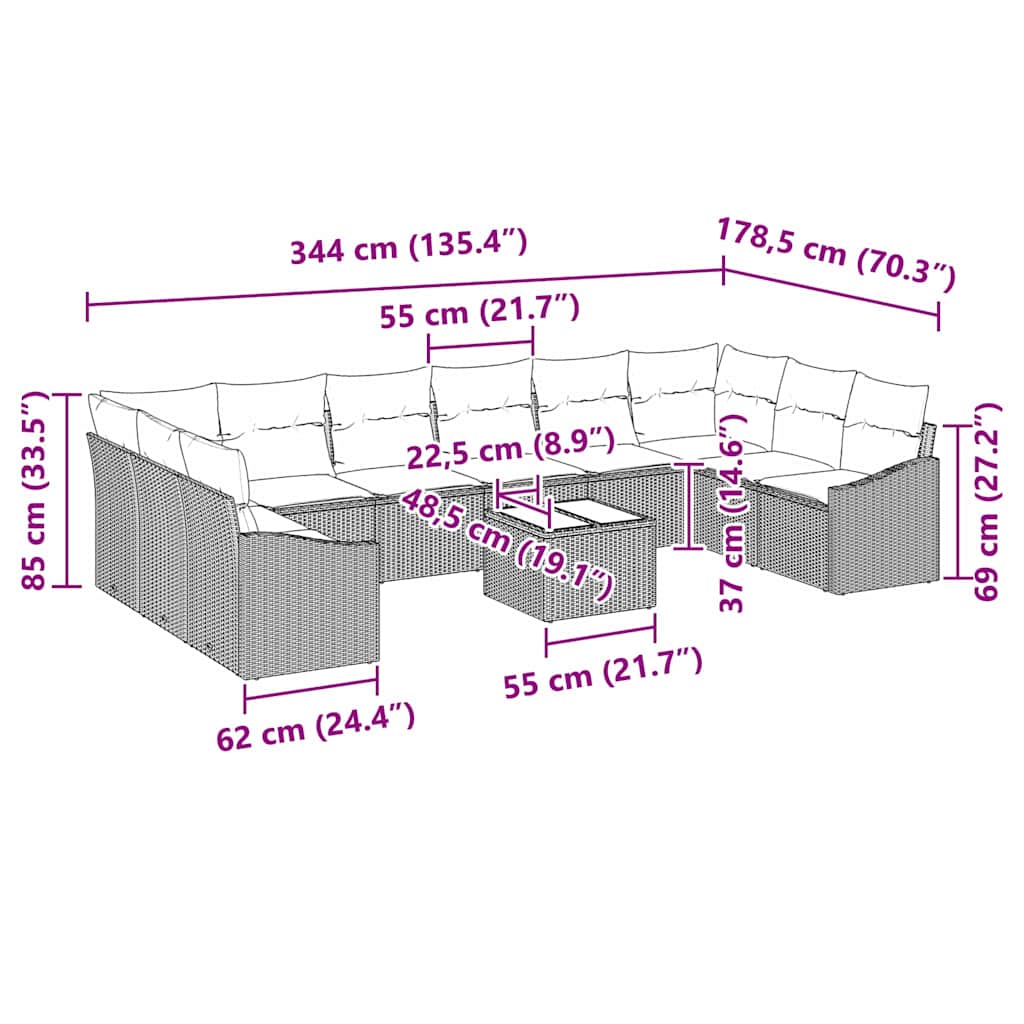Set Divano da Giardino 11 pcs Grigio Poly Rattan