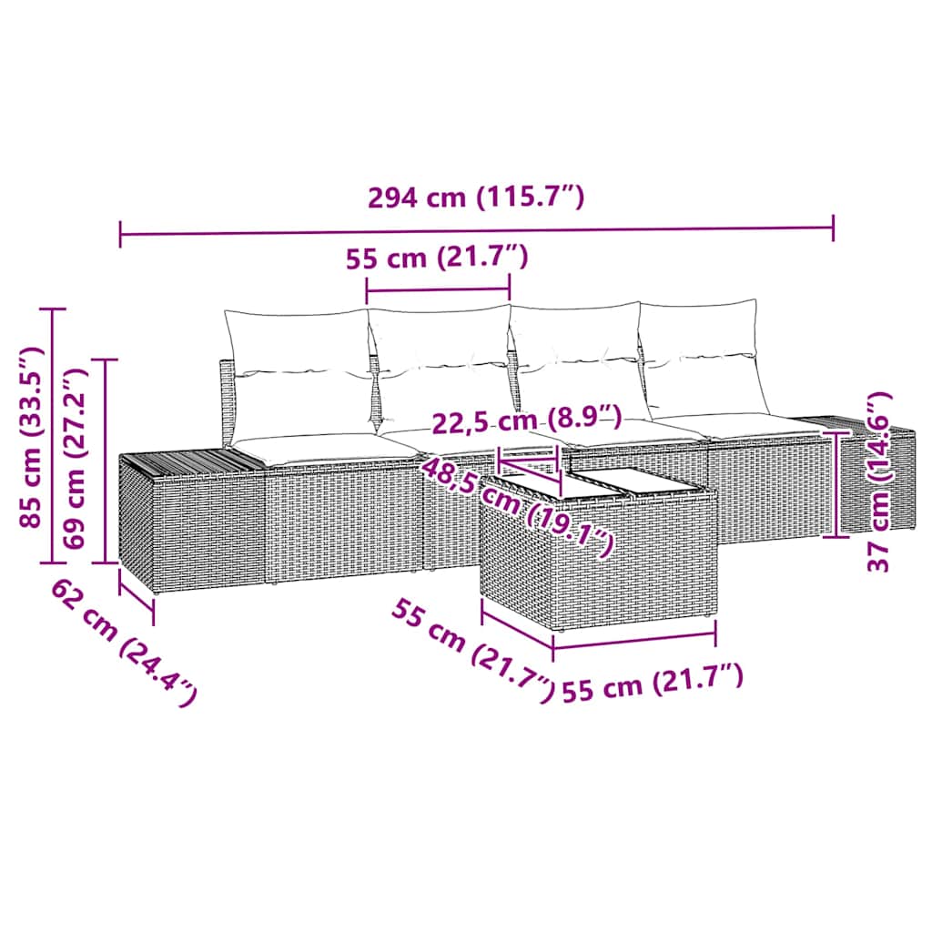 Set Divano da Giardino 5 pcs Marrone e Crema 55 x 55 x 37 cm