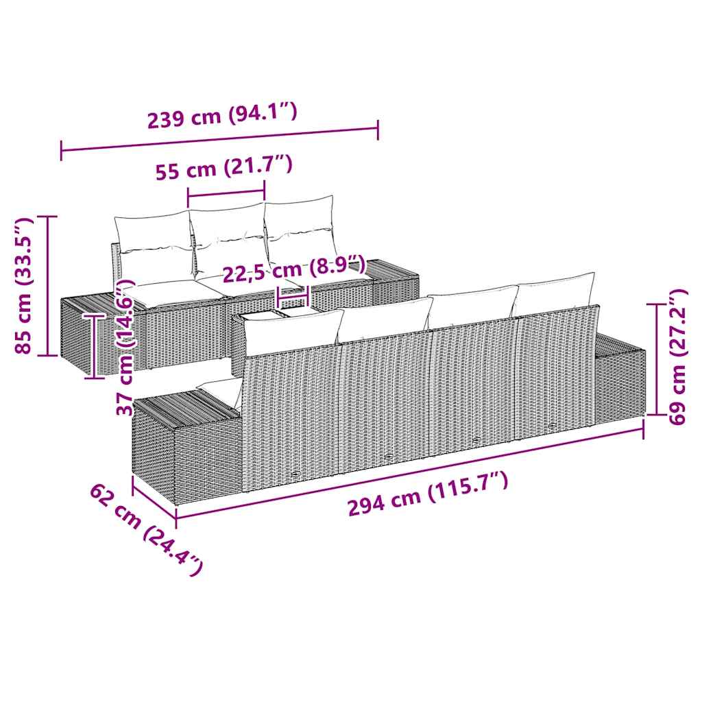 Set Divano da Giardino 8 pcs Grigio Poly Rattan