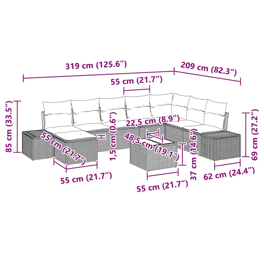 Set Divano da Giardino 9 pcs 319 x 209 x 85 cm Poly Rattan
