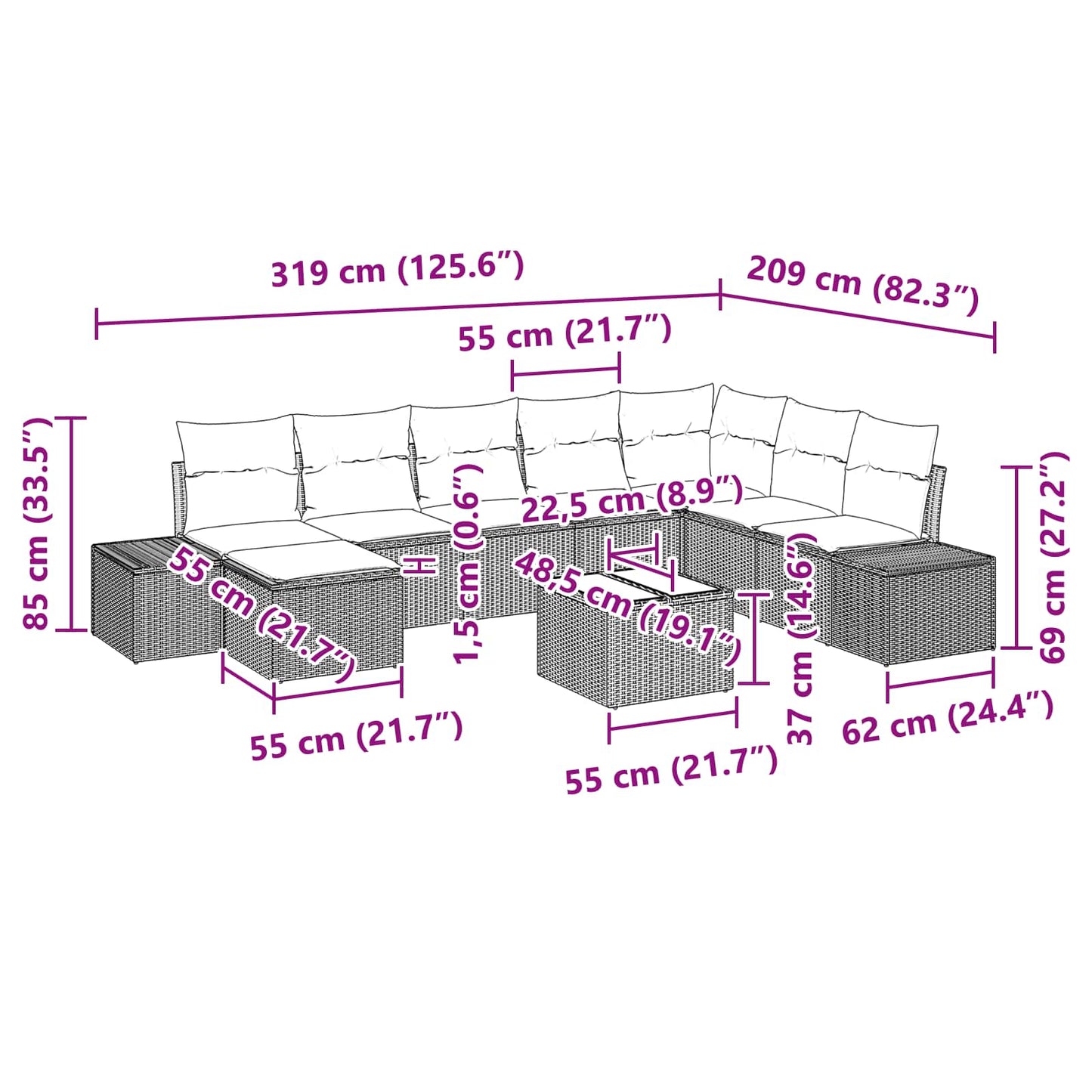 Set Divano da Giardino 9 pz Marrone polyrattan