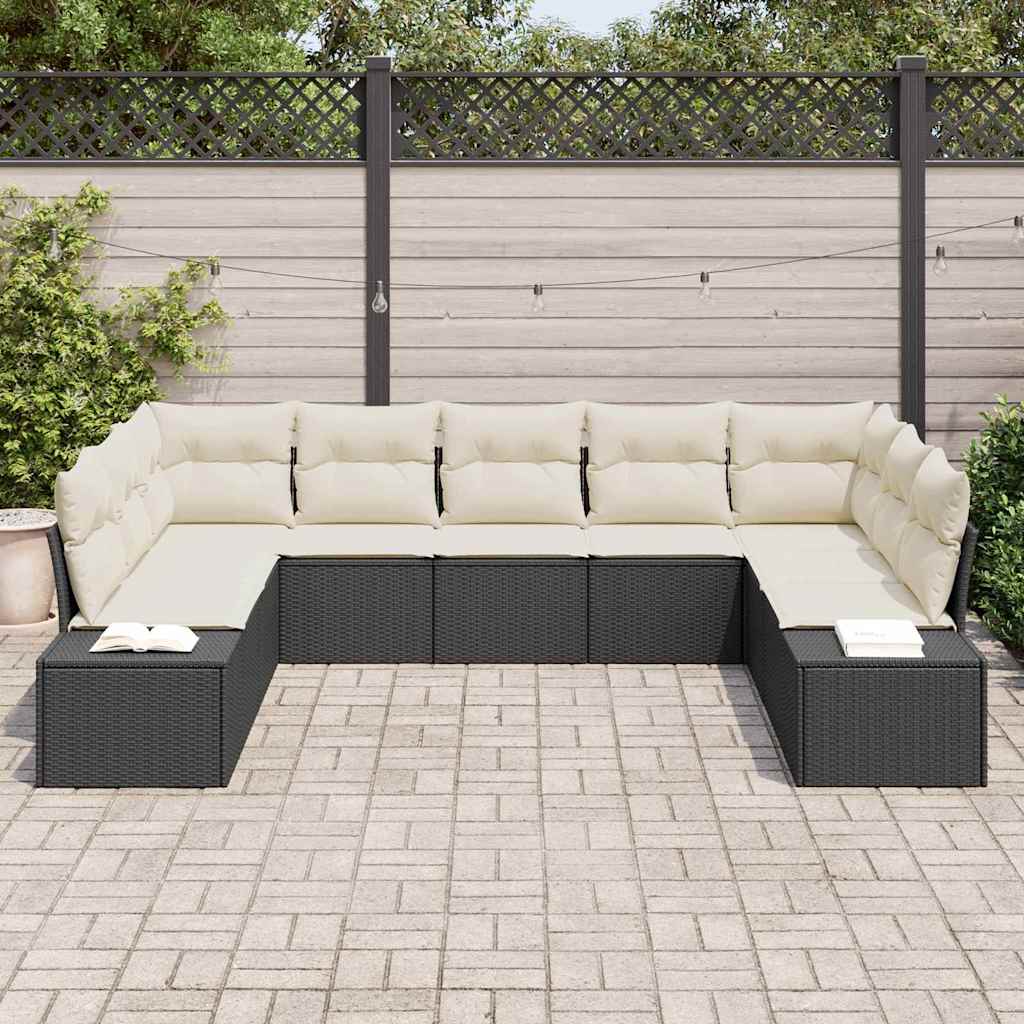 Set Divano da Giardino con cuscino 9 pcs Nero Poly Rattan