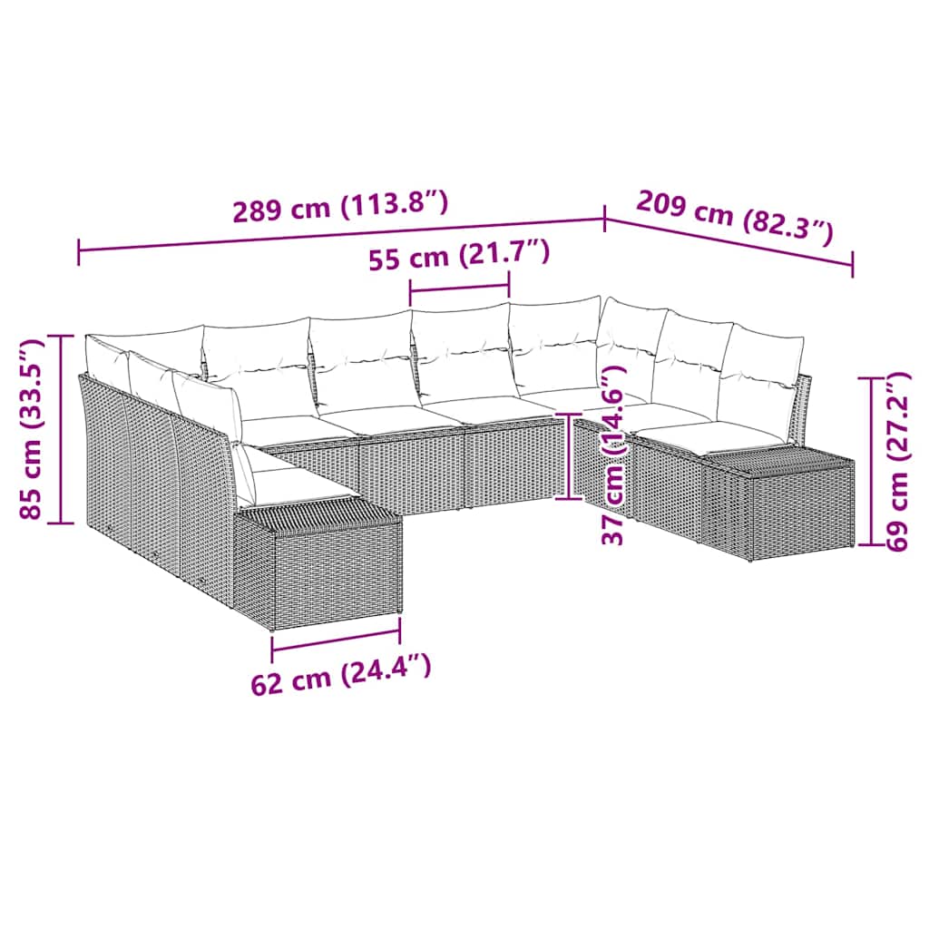 Set Divano da Giardino con cuscino 9 pcs Nero Poly Rattan