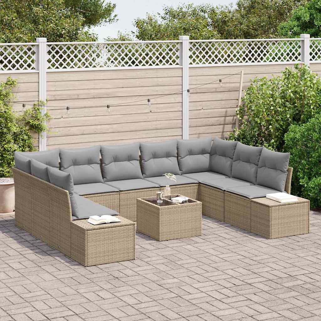 Set Divano da Giardino con cuscino 10 pcs Beige Poly Rattan