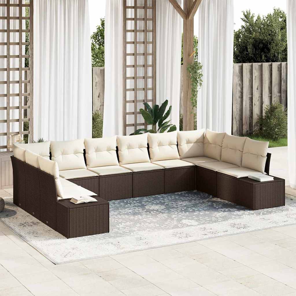 Set Divano da Giardino con cuscino 10 pcs Marrone Poly Rattan