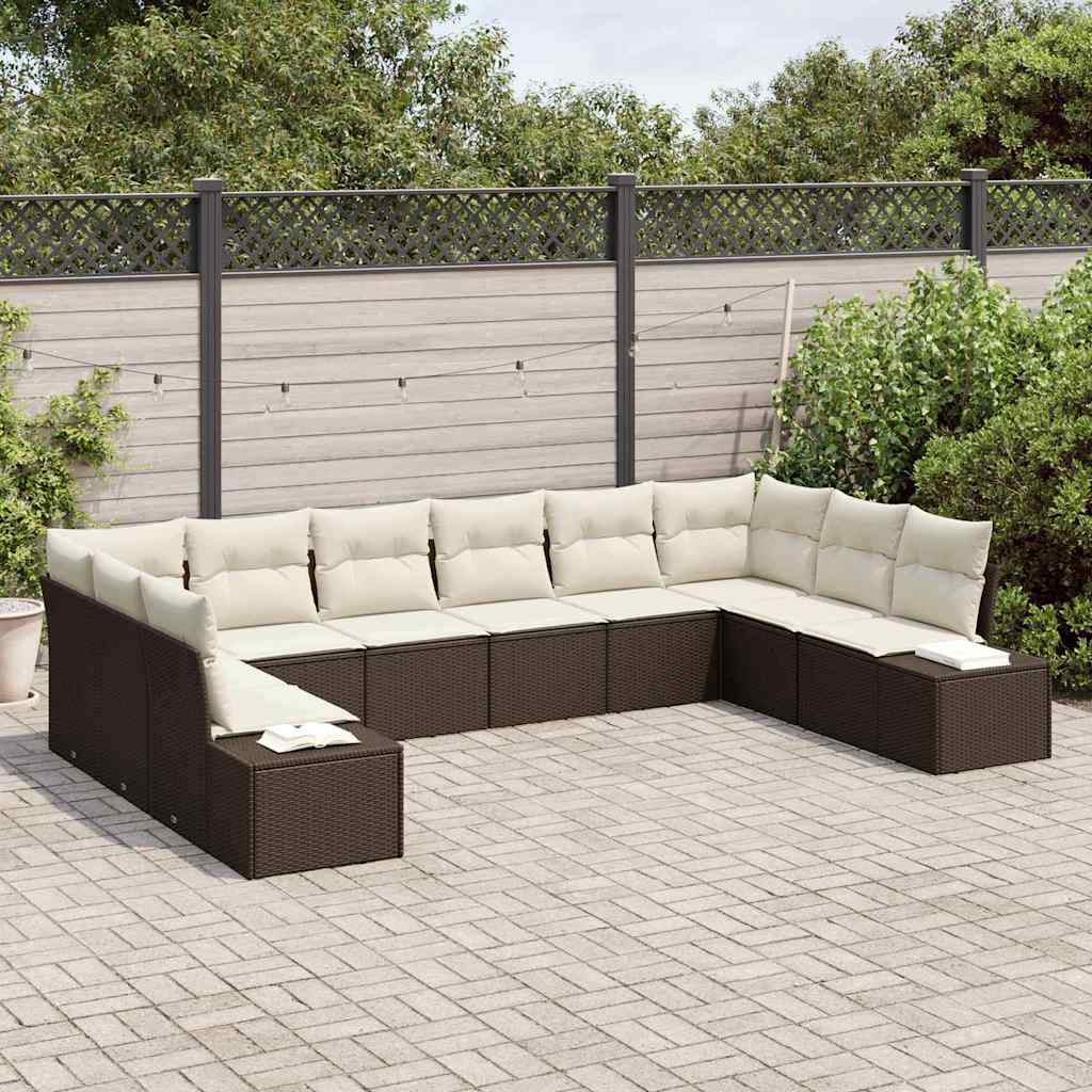 Set Divano da Giardino con cuscino 10 pcs Marrone Poly Rattan