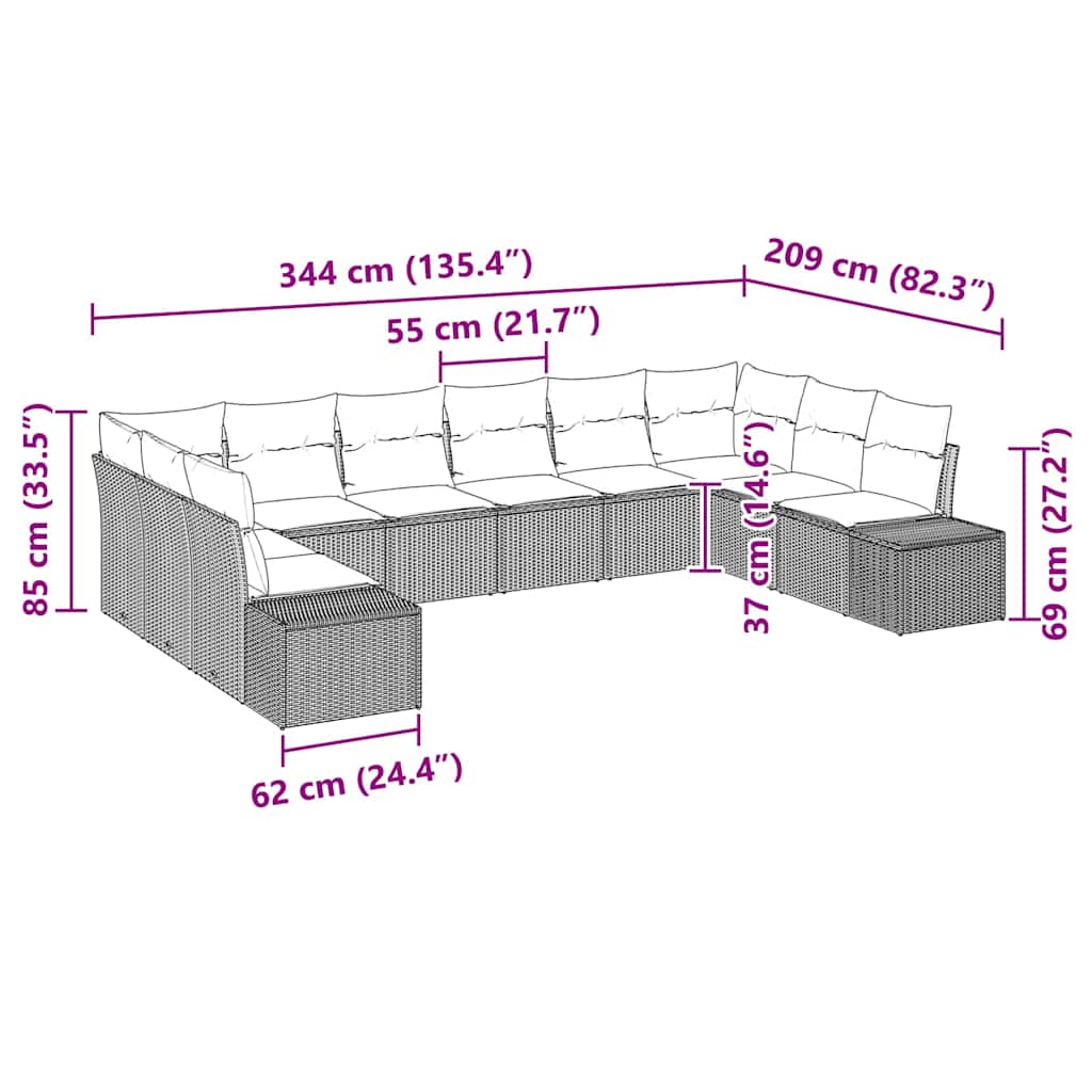 Set Divano da Giardino con cuscino 10 pcs Marrone Poly Rattan