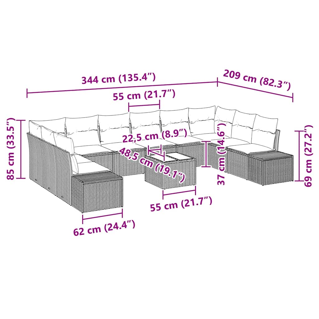 Set Divano da Giardino con cuscino 11 pcs Beige Poly Rattan