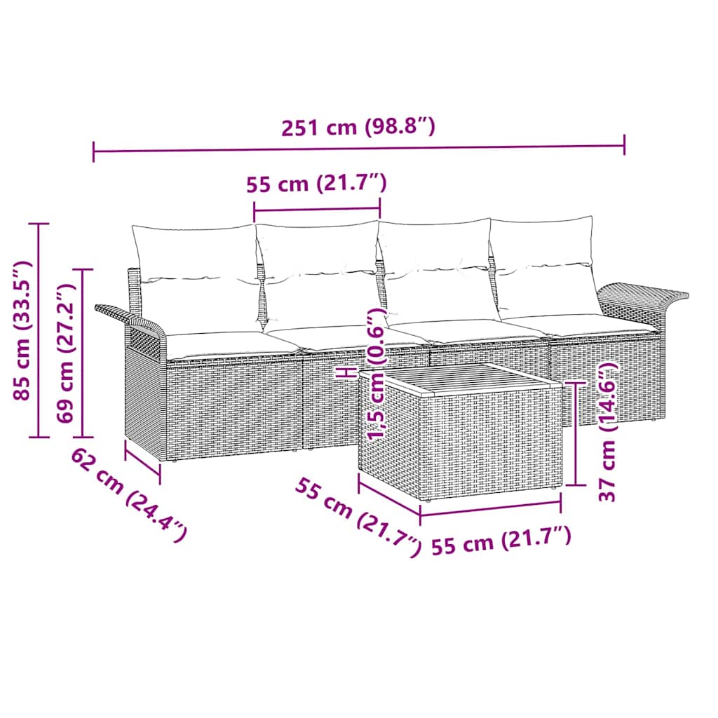 Set Divano da Giardino 5 pcs Beige Poly Rattan