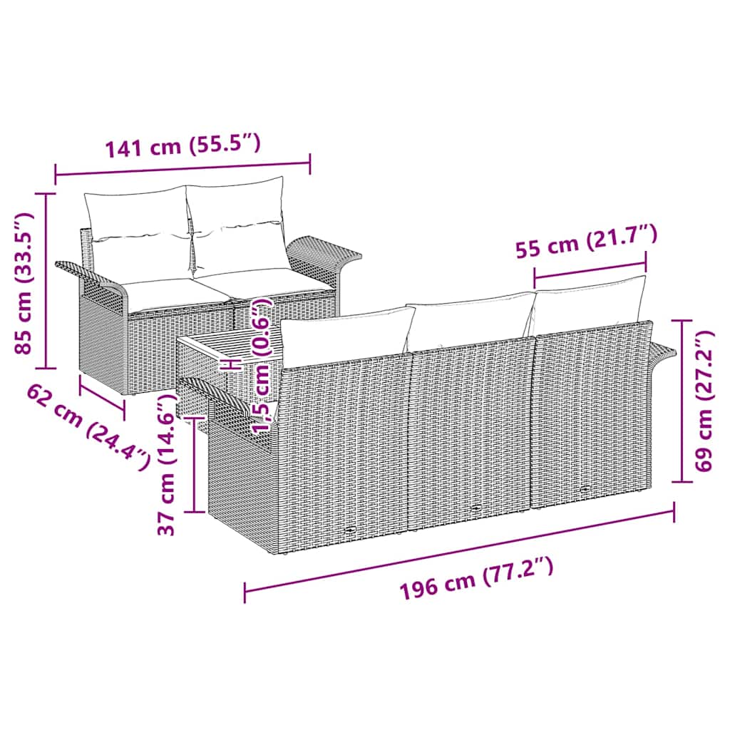 Set Divano da Giardino 6 pcs Beige Poly Rattan