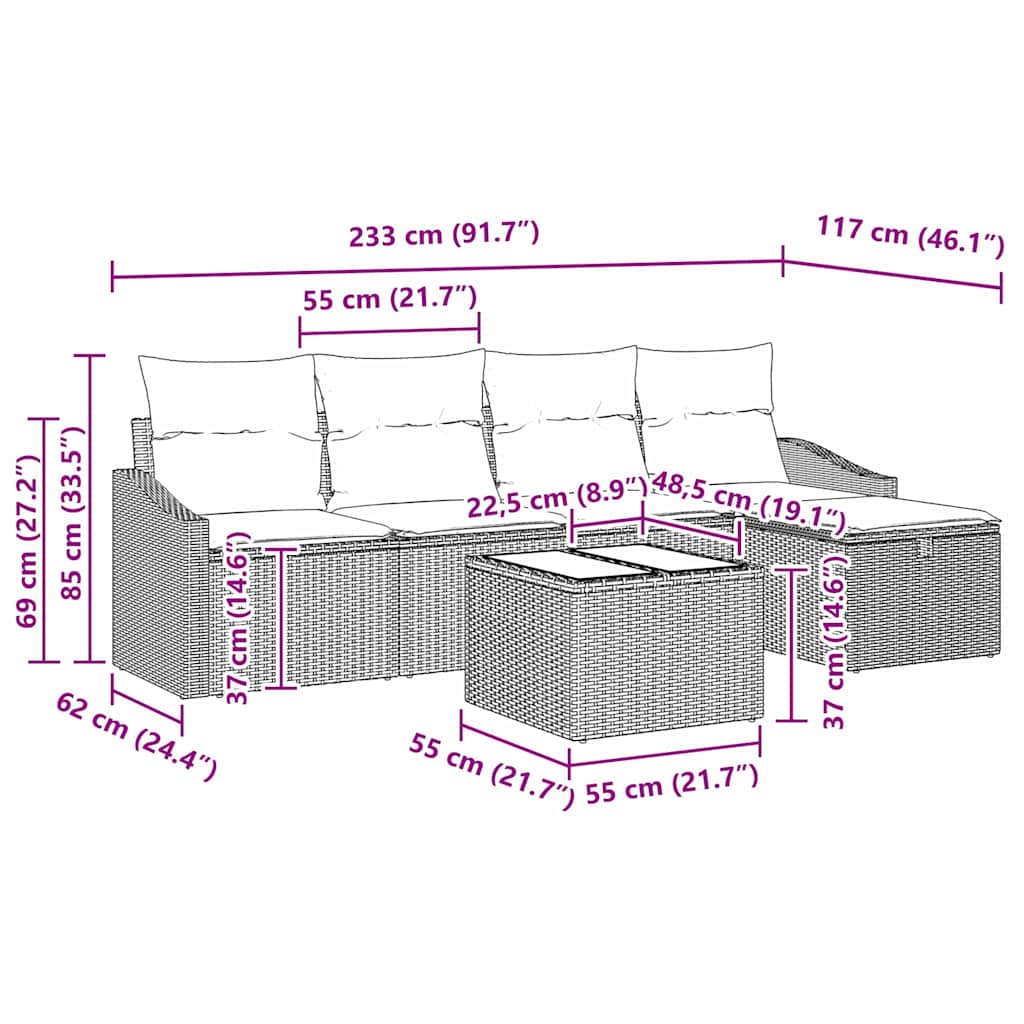 Set Divano da Giardino con cuscino 6 pcs Marrone Poly Rattan