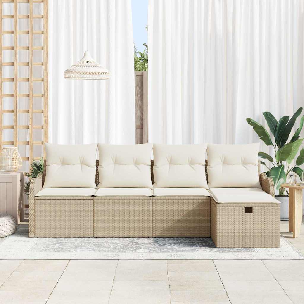 Set Divano da Giardino con cuscino 5 pcs Beige Poly Rattan