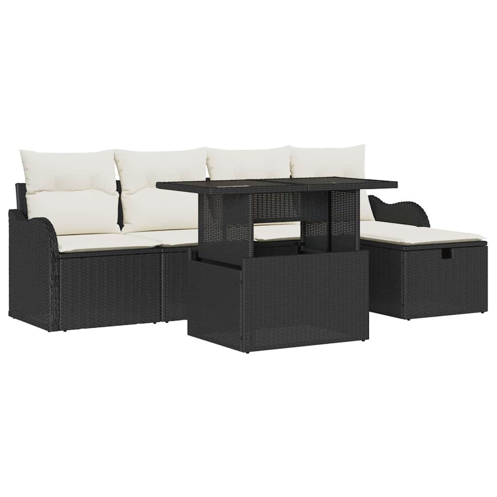 Set Divano da Giardino con cuscino 6 pcs Nero Poly Rattan