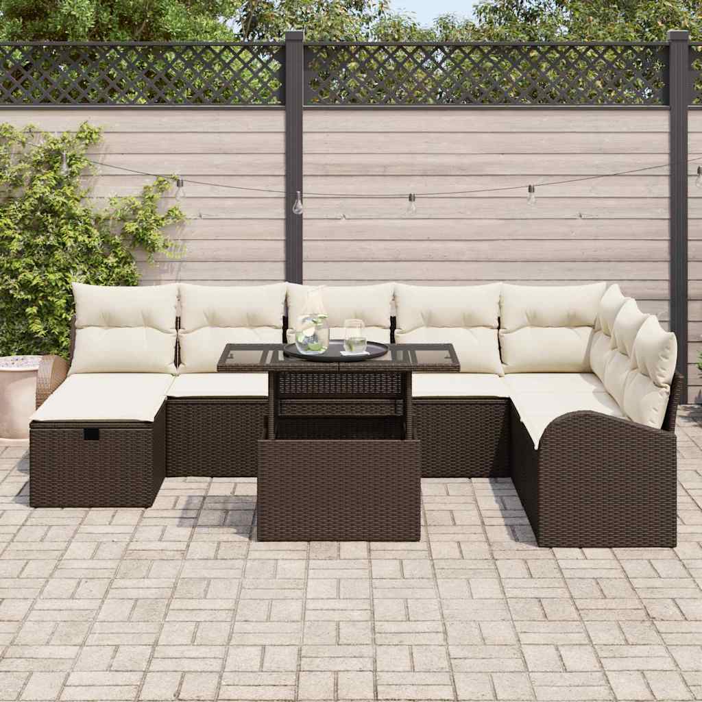 Set Divano da Giardino con cuscino 9 pcs Marrone Poly Rattan