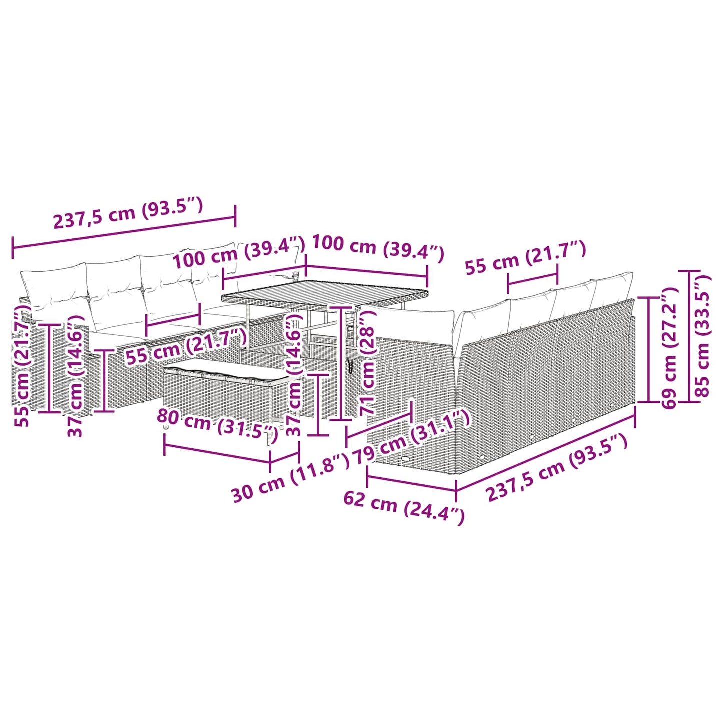 Set Divano da Giardino 11 pcs Nero polyrattan