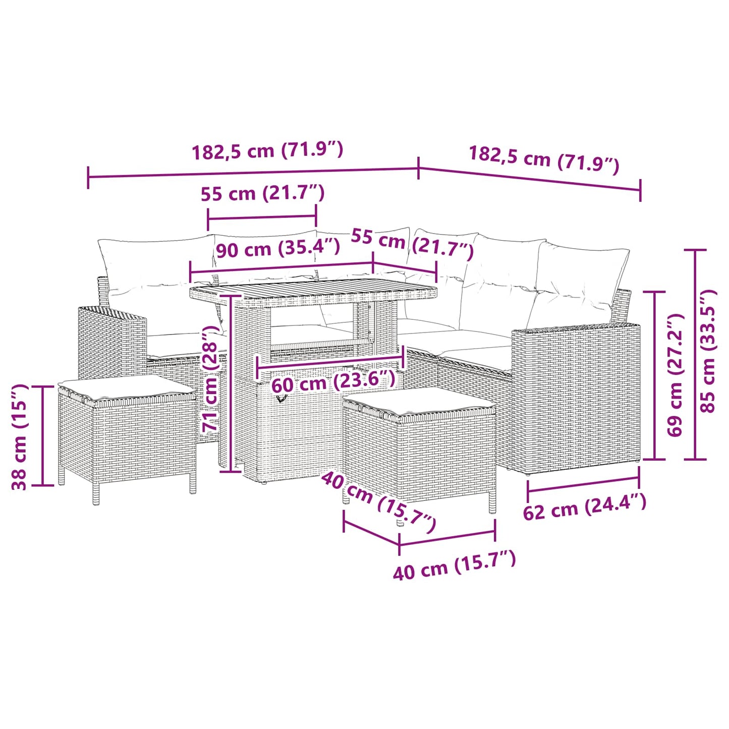 Set Divano da Giardino 8 pcs Nero polyrattan