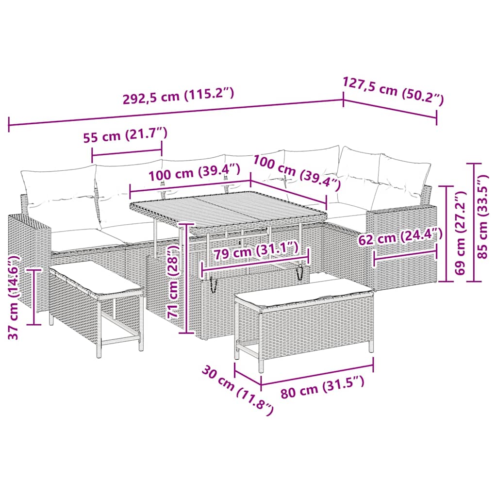 Set Divano da Giardino 9 pcs Grigio polyrattan | homemem39