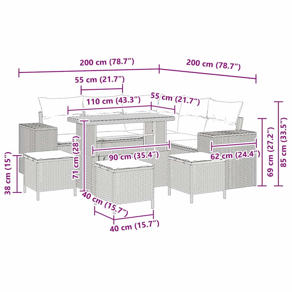 Set Divano da Giardino 9 pcs Beige polyrattan