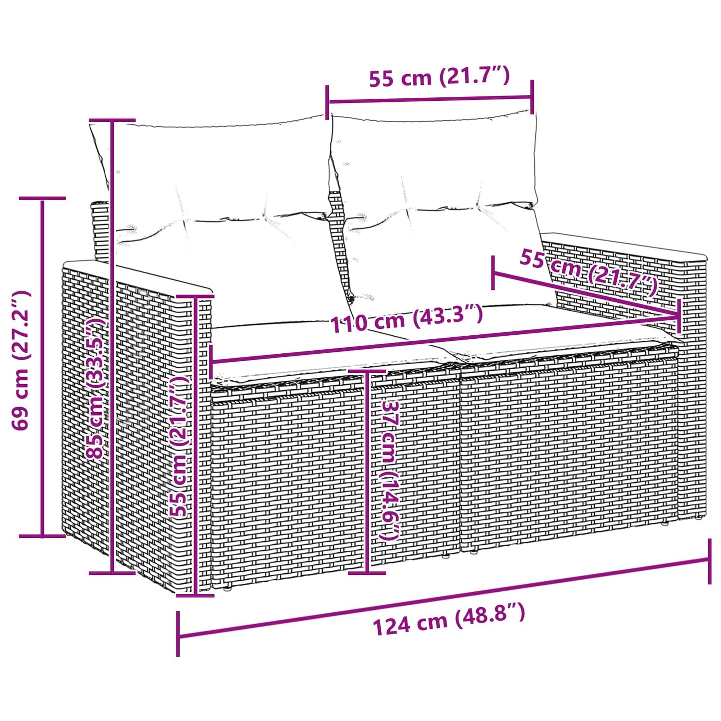 Set Divano da Giardino con cuscino 13 pcs Nero Poly Rattan