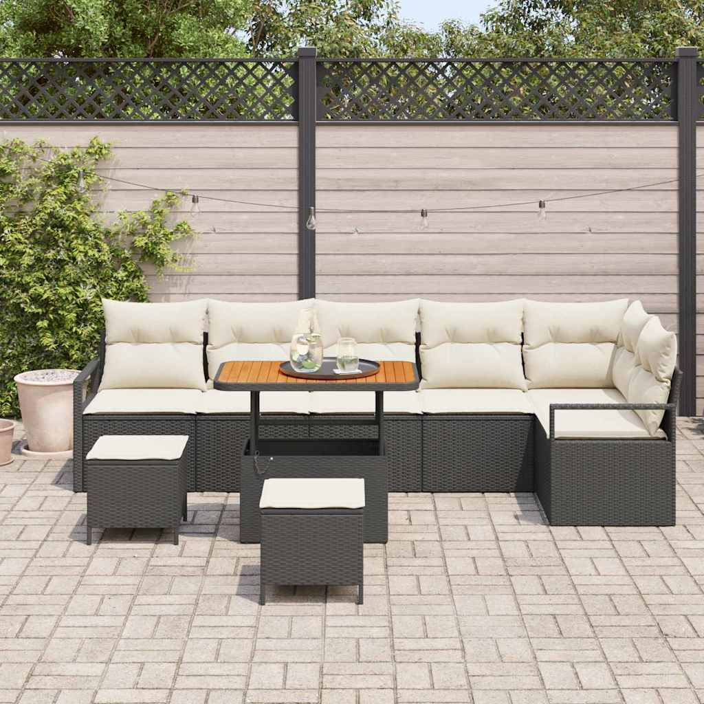 Set Divano da Giardino 9 pcs Nero e Crema 90 x 55 x 71 cm