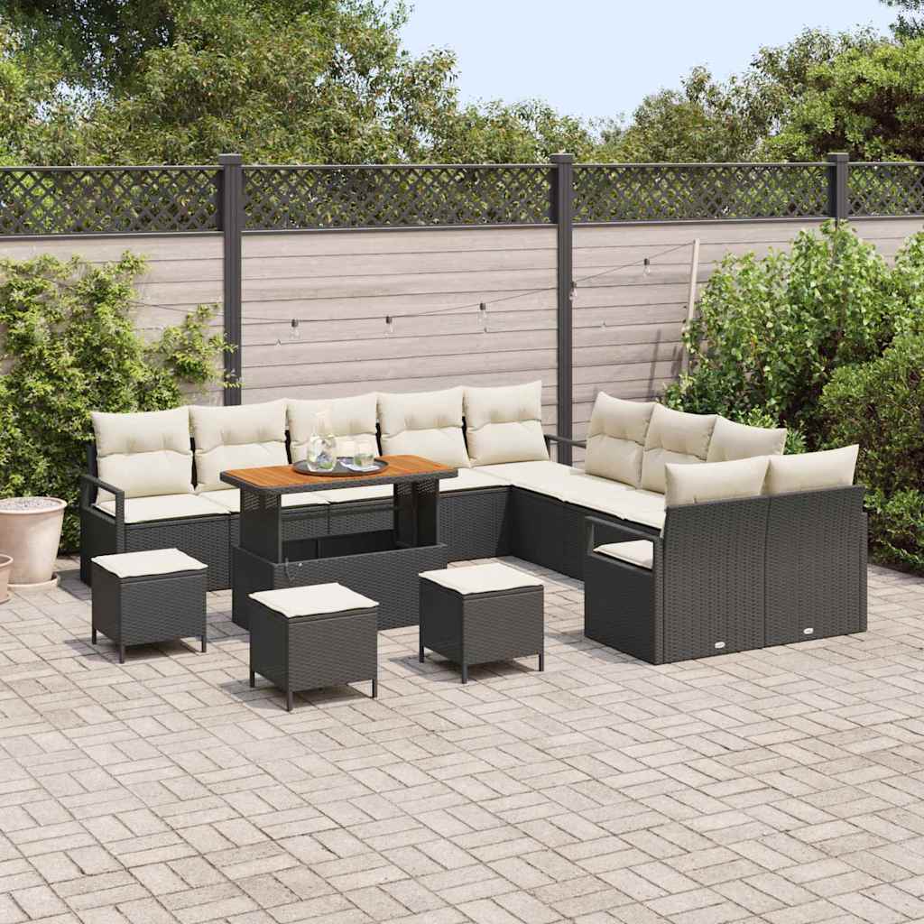 Set Divano da Giardino 14 pcs Nero e Crema 110 x 55 x 71 cm