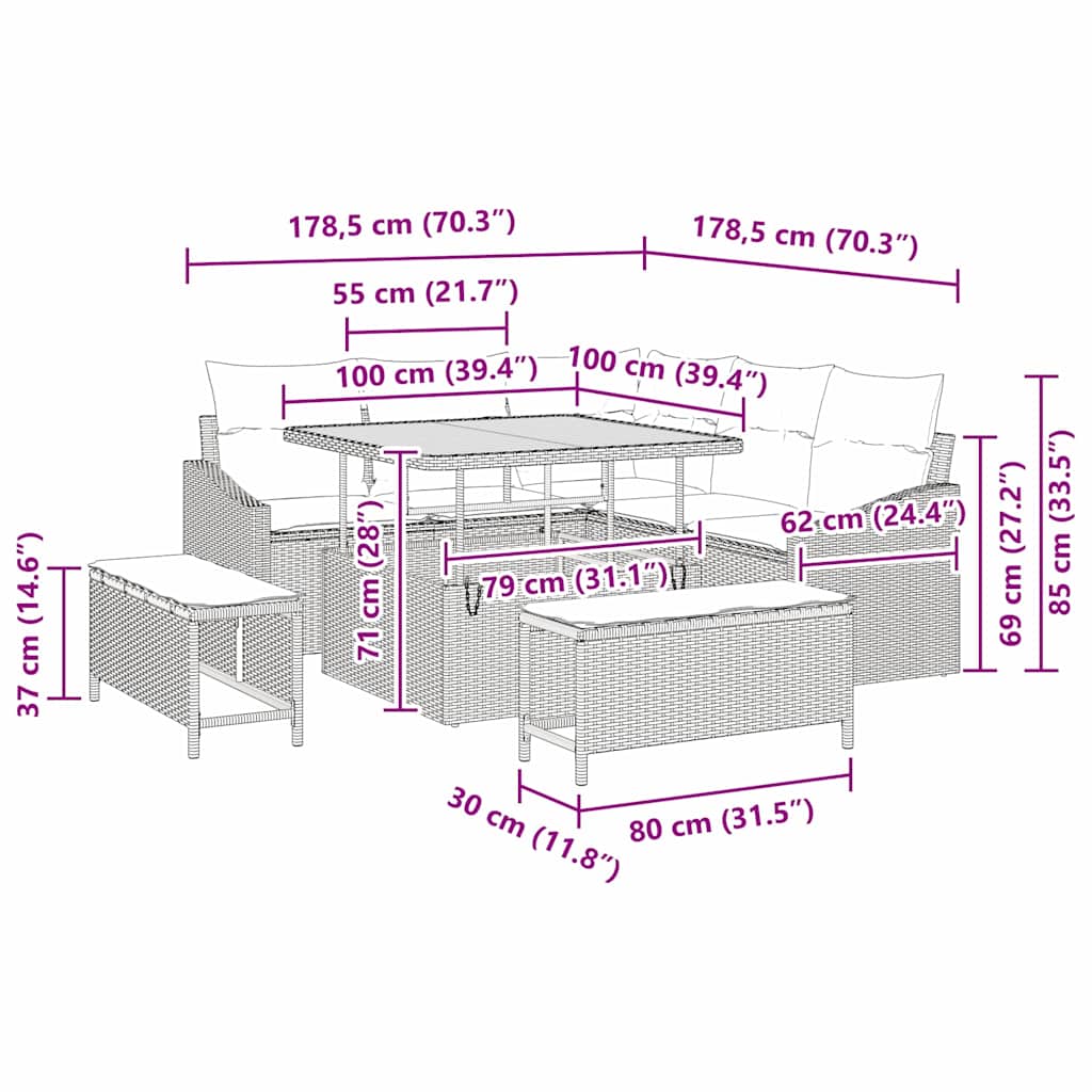 Set Divano da Giardino 8 pcs Grigio 100 x 100 x 71 cm