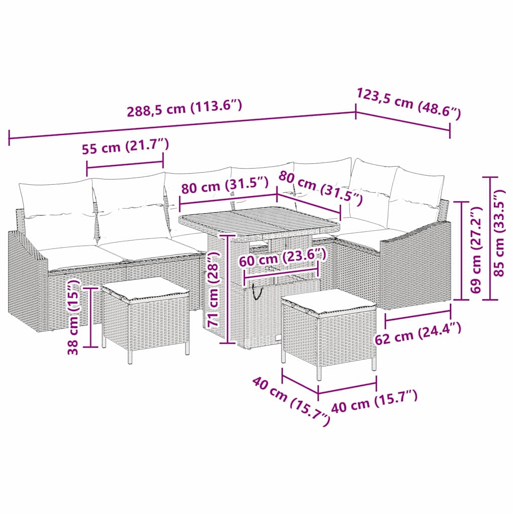 Set Divano da Giardino 9 pz 7-Numero di posti Nero Poly Rattan | homemem39