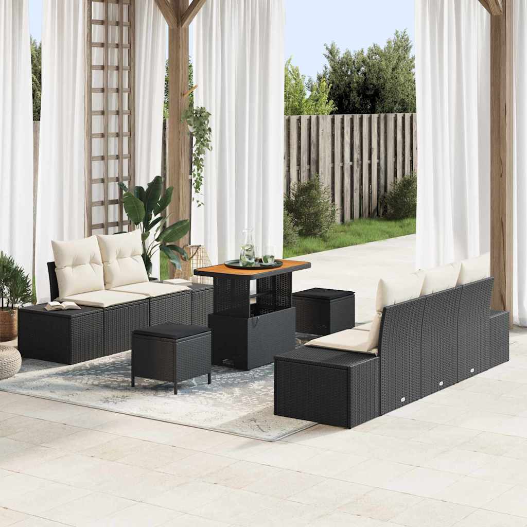Set Divano da Giardino 8 pcs Nero e Crema 90 x 55 x 71 cm