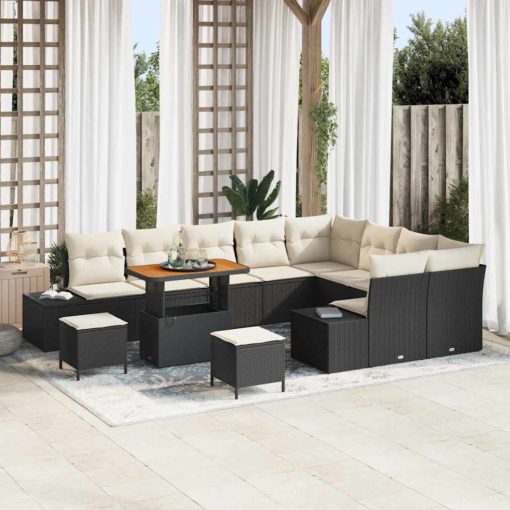 Set Divano da Giardino 12 pcs Nero e Crema 90 x 55 x 71 cm